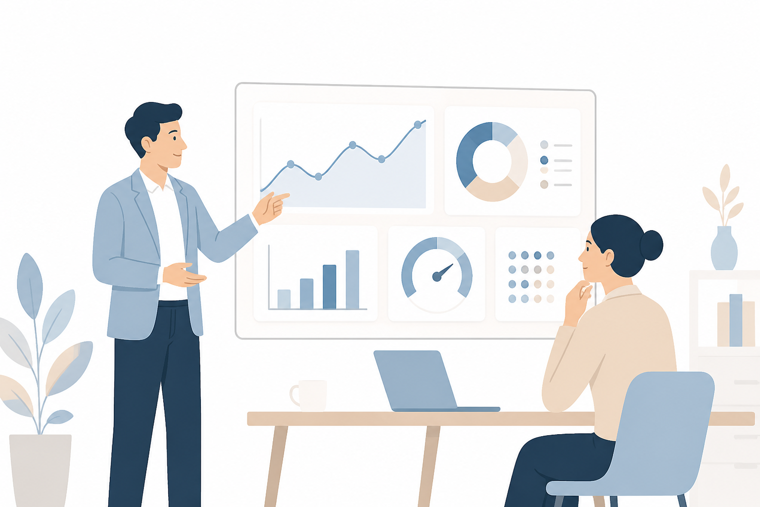 Manager présentant des objectifs et KPI à son équipe sur un tableau de bord