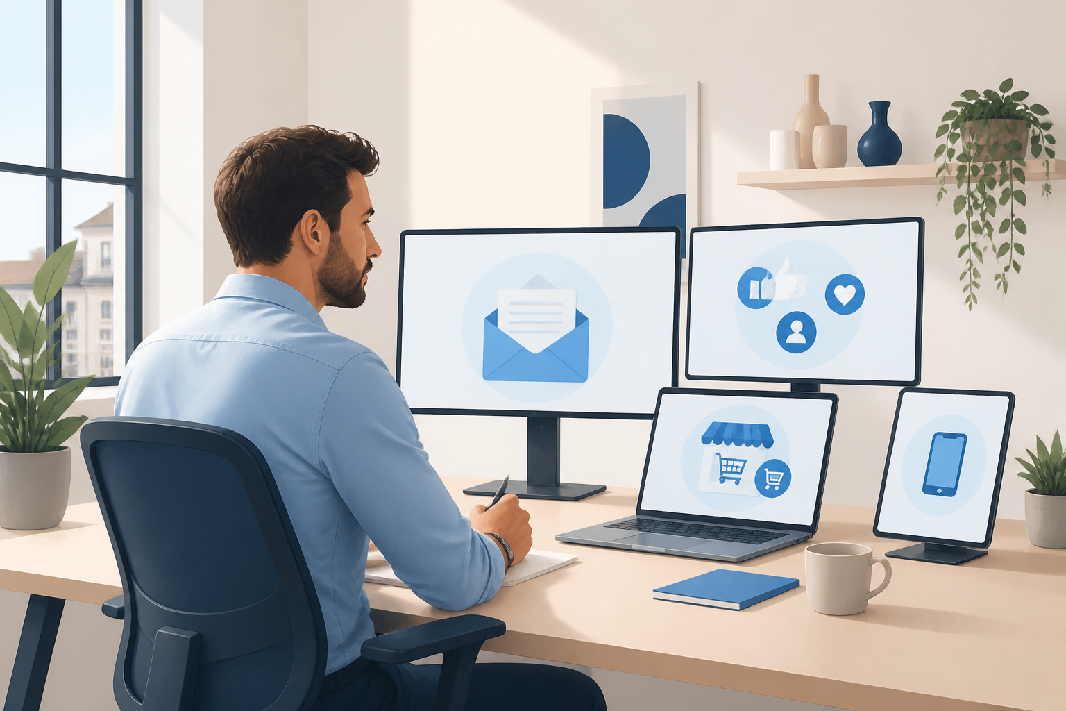 Marketing omnicanal : consultant entrepreneur devant tableau de bord multi-canaux