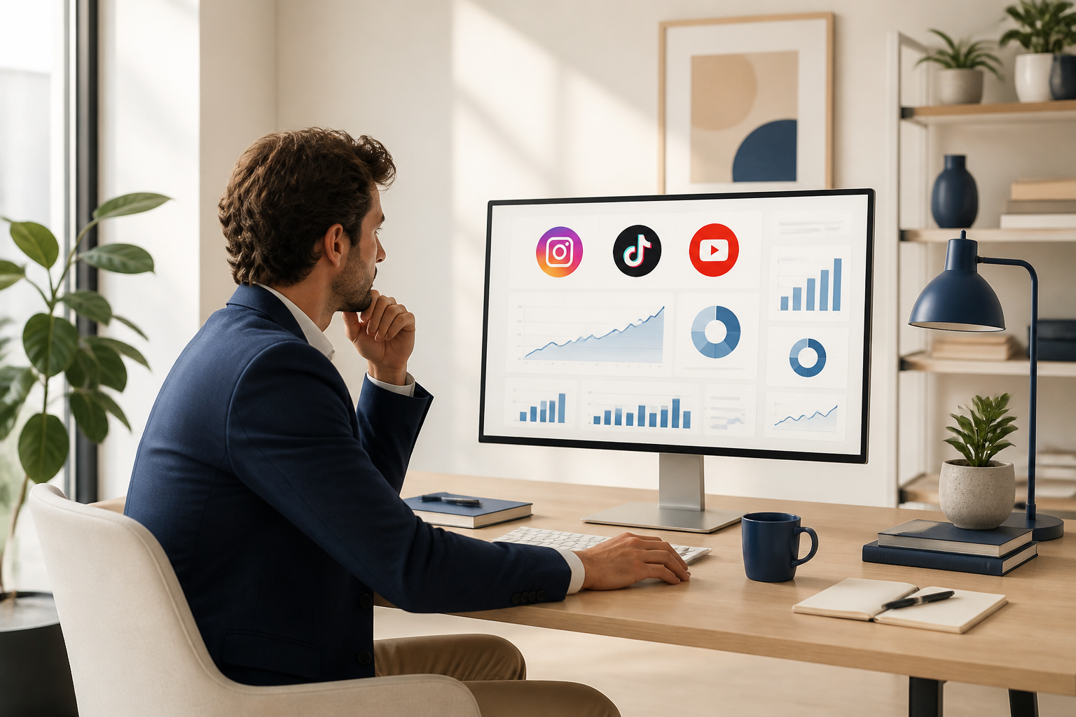 Influence marketing : entrepreneur consultant devant un tableau de bord analytique avec icônes réseaux sociaux