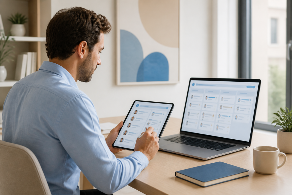 Entrepreneur consultant son outil CRM sur ordinateur