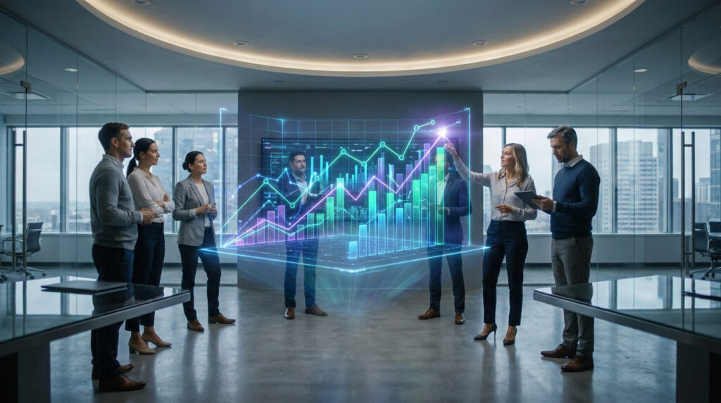 Une équipe professionnelle analyse des graphiques de croissance en 3D dans une salle de réunion moderne.
