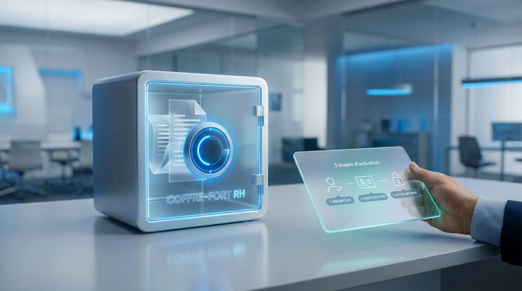 Un coffre-fort numérique holographique avec une interface de contrôle tactile sur un bureau de bureau moderne.