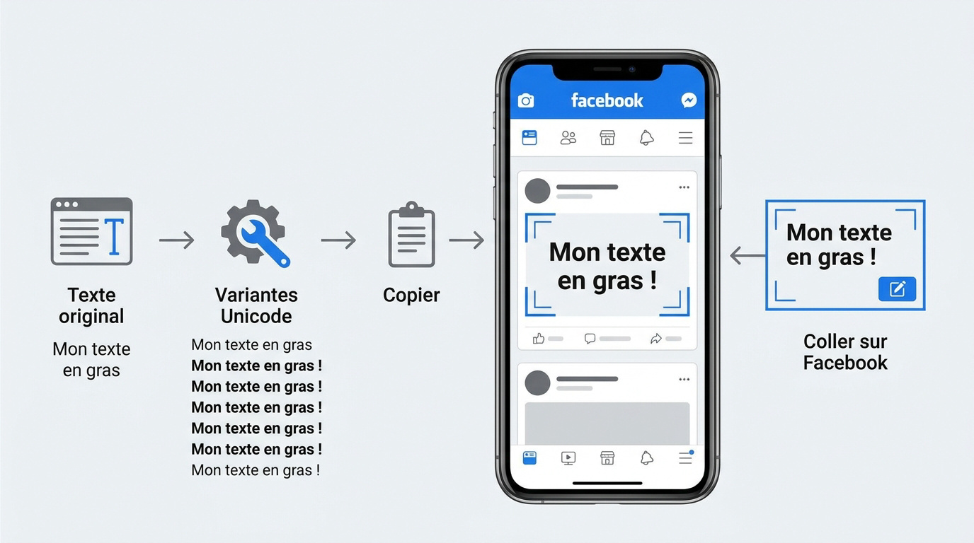 Interface d'un générateur de texte Unicode pour Facebook montrant les options de gras