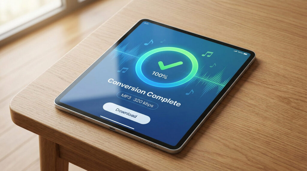 Une tablette sur une table en bois affichant l'écran « Conversion terminée » avec un cercle de progression à 100%.