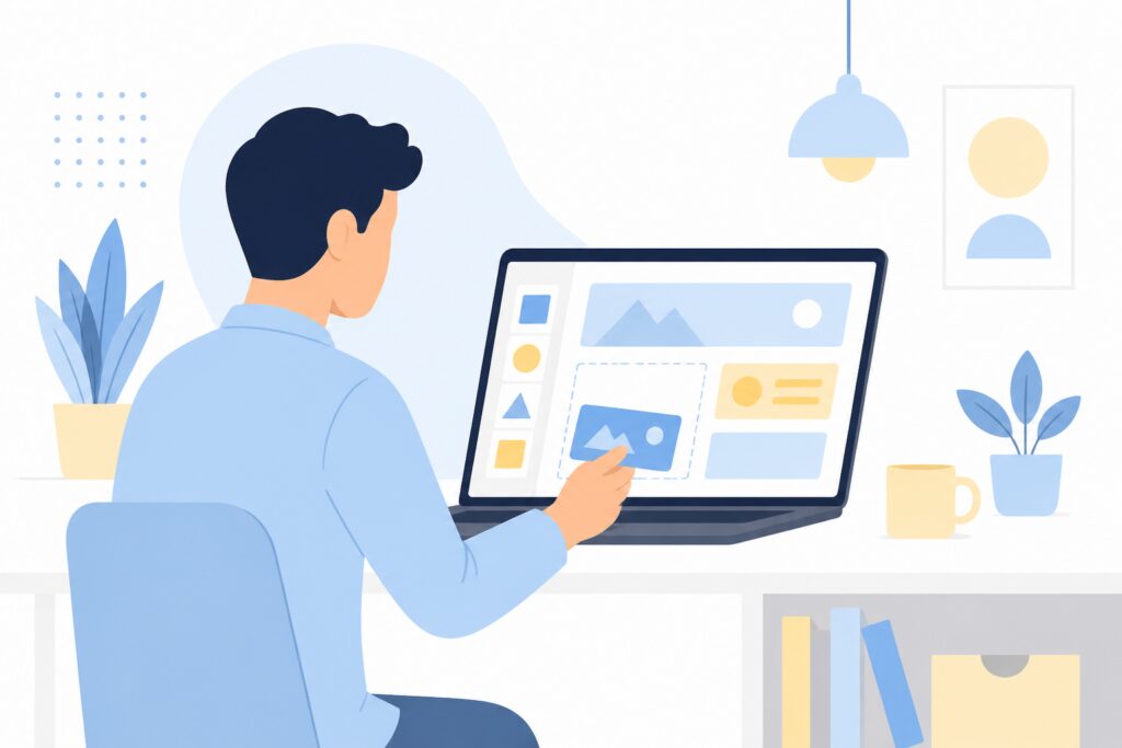 entrepreneur qui crée une application sans coder avec interface drag-and-drop