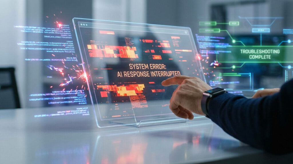 Une main touche un écran holographique affichant une erreur système d'intelligence artificielle.