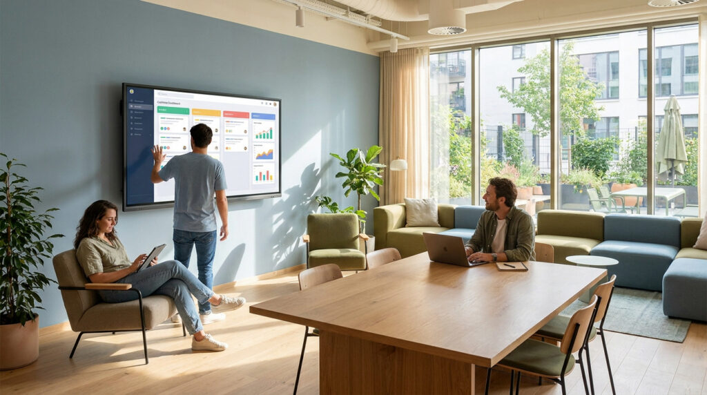 Une équipe utilise un écran tactile interactif pour gérer un habitat collaboratif dans un espace de bureau moderne.