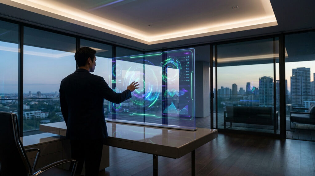 Un homme d'affaires interagissant avec une interface numérique holographique dans un bureau moderne avec vue sur la ville.