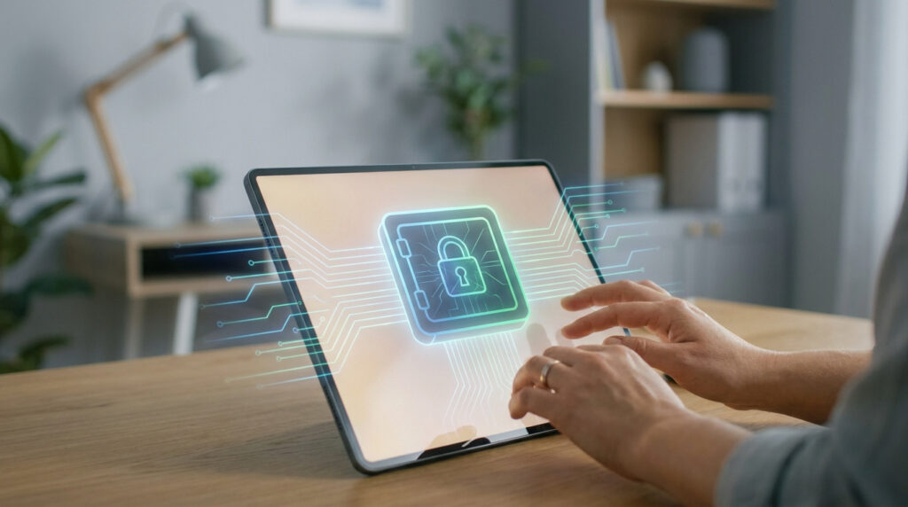 Personne utilisant une tablette avec une interface holographique représentant un coffre-fort numérique sécurisé.