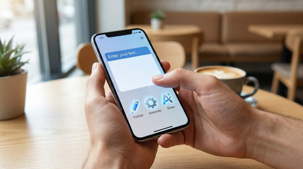 Mains tenant un smartphone affichant une application de formatage de texte avec les options Format, Générer et Partager.