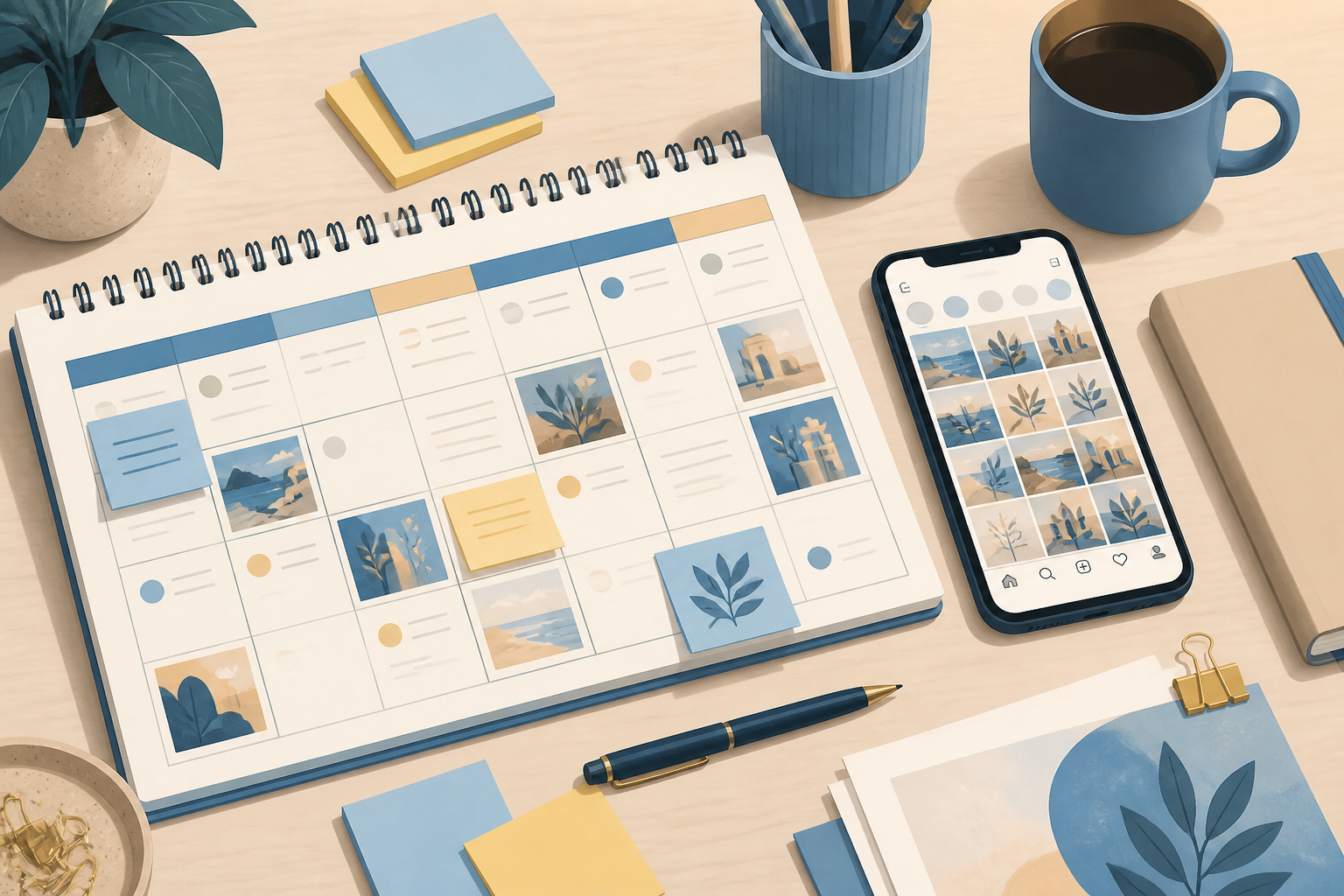 Calendrier éditorial réseaux sociaux entrepreneur avec smartphone et post-it - stratégie réseaux sociaux