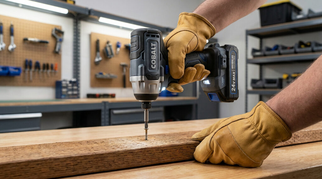 Une personne porte des gants en cuir tout en utilisant une visseuse sans fil Cobalt pour fixer une planche en bois.