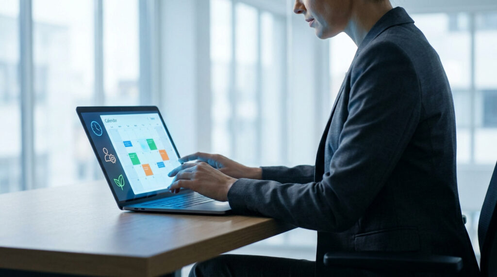 Une professionnelle en costume utilise un ordinateur portable pour consulter un calendrier numérique en entreprise.