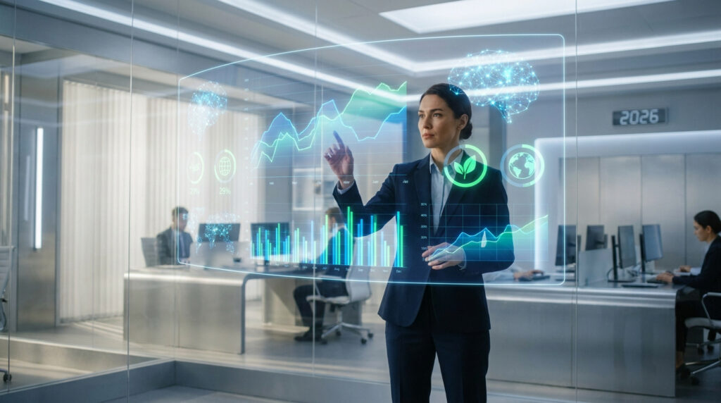 Une femme d'affaires interagit avec un écran holographique affichant des données financières et graphiques dans un bureau.