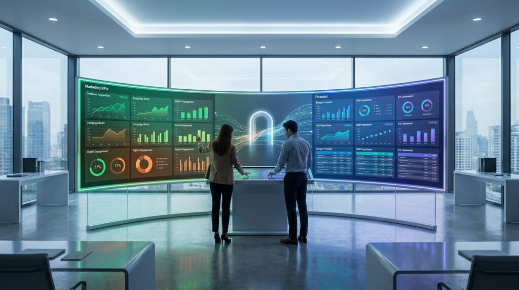 Deux professionnels analysant des tableaux de bord marketing et financiers sur un écran incurvé géant dans un bureau.