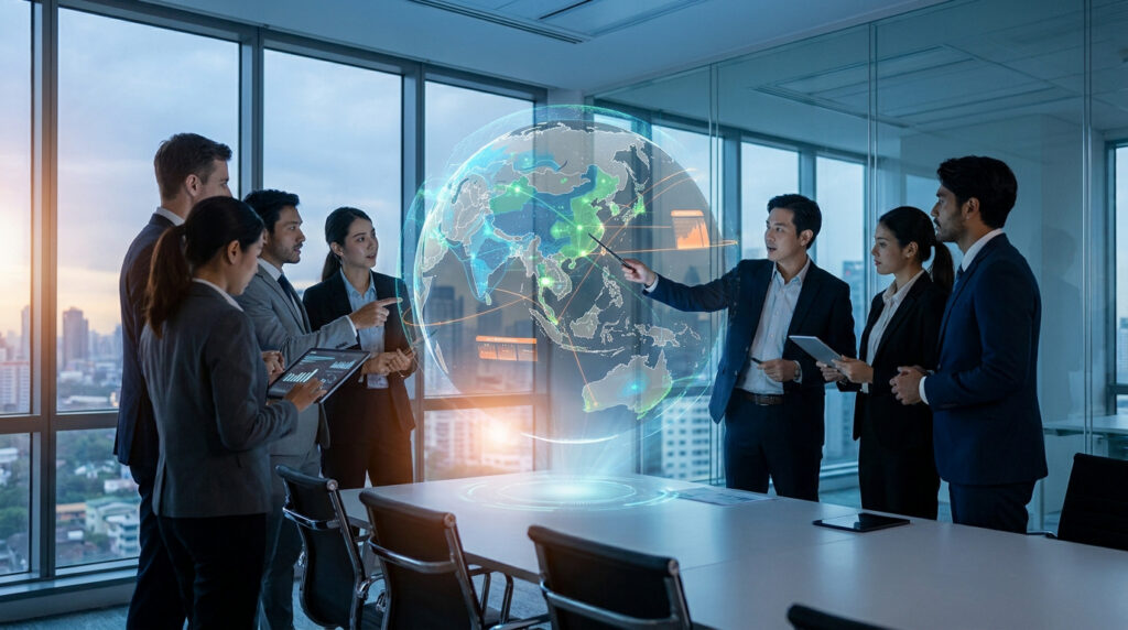 Groupe de professionnels en réunion autour d'un globe terrestre holographique numérique dans un bureau vitré.