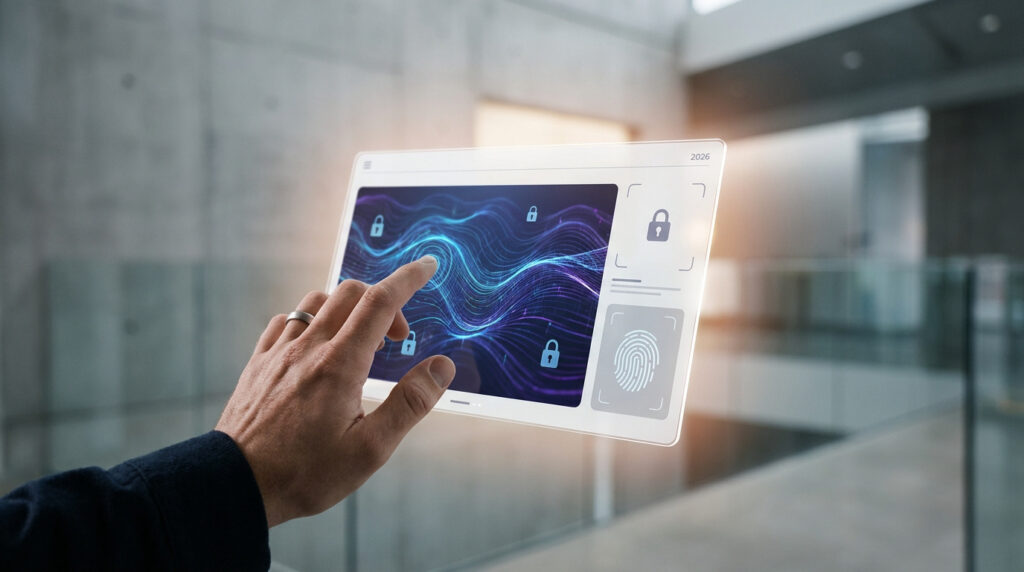 Main interagissant avec une interface holographique sécurisée par biométrie et cadenas numériques.
