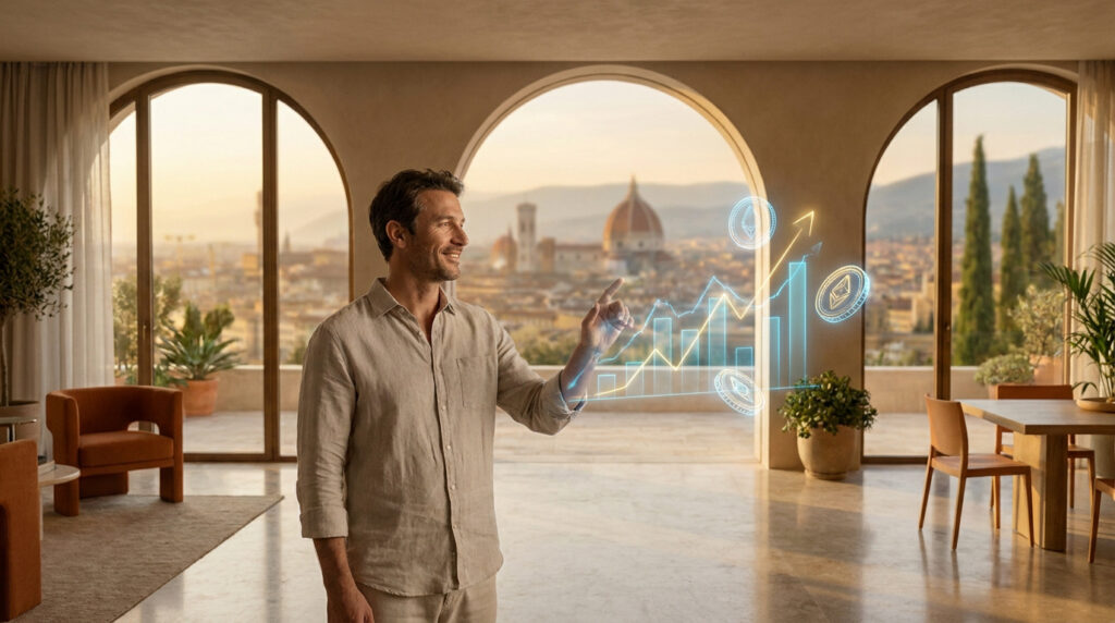 Un homme regarde un graphique holographique de croissance financière avec le Duomo de Florence en arrière-plan.