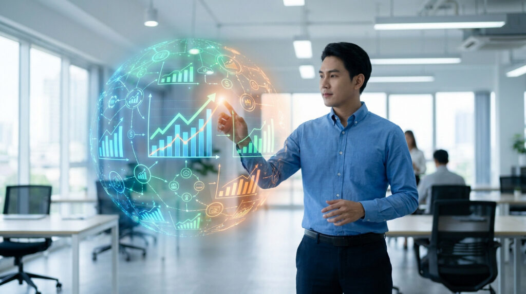 Un professionnel interagissant avec une sphère holographique de données financières dans un bureau moderne.
